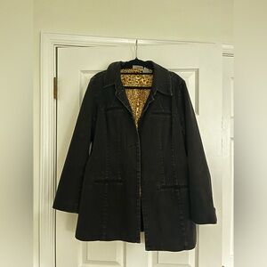 Chico's Platinum Black Denim Jack with Leopard Lining women’s size 2 NO BUTTONS